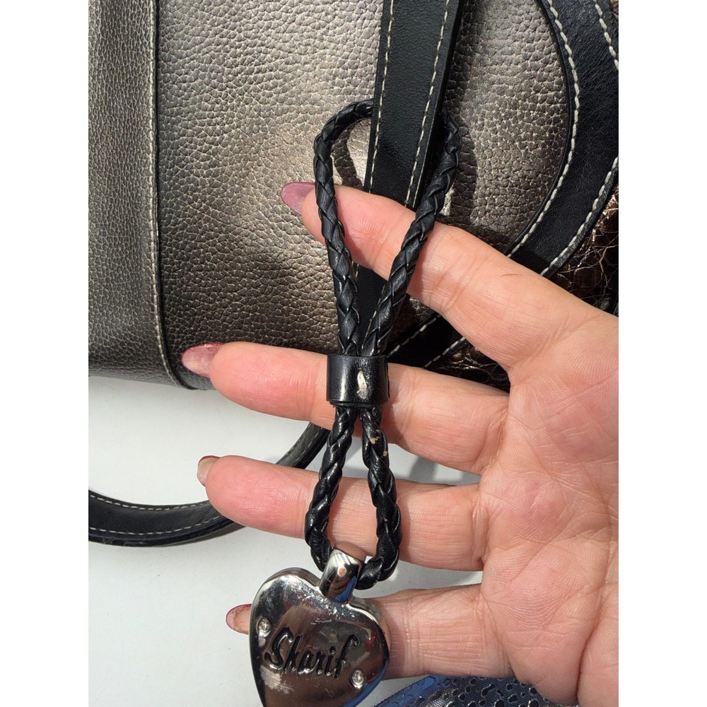 Sharif Studio Metallic Pewter Leather Shoulder Bag Black Trim Lime Green Lining - Picture 10 of 10